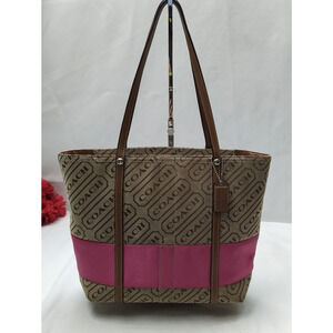 Coach Brown Canvas Pink Stripe Double Handles Tote Bag